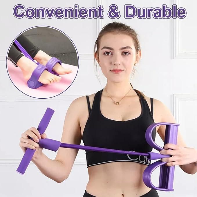 Woman holding a purple exercise band with an inset showing its use on a foot.