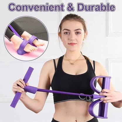 Woman holding a purple exercise band with an inset showing its use on a foot.