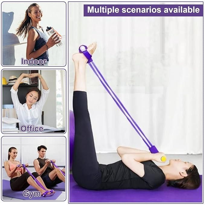 Woman using a purple resistance band in various settings including indoor, office, and gym.