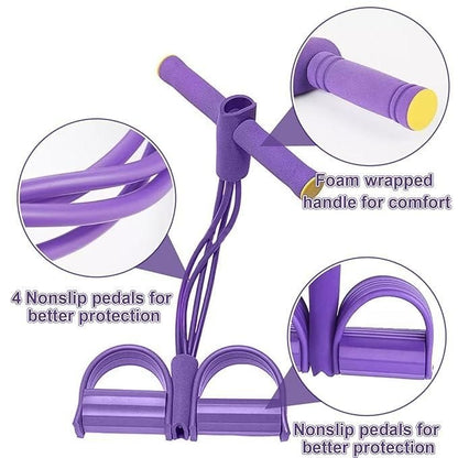 Purple resistance band with foam handle and non-slip pedals on a white background